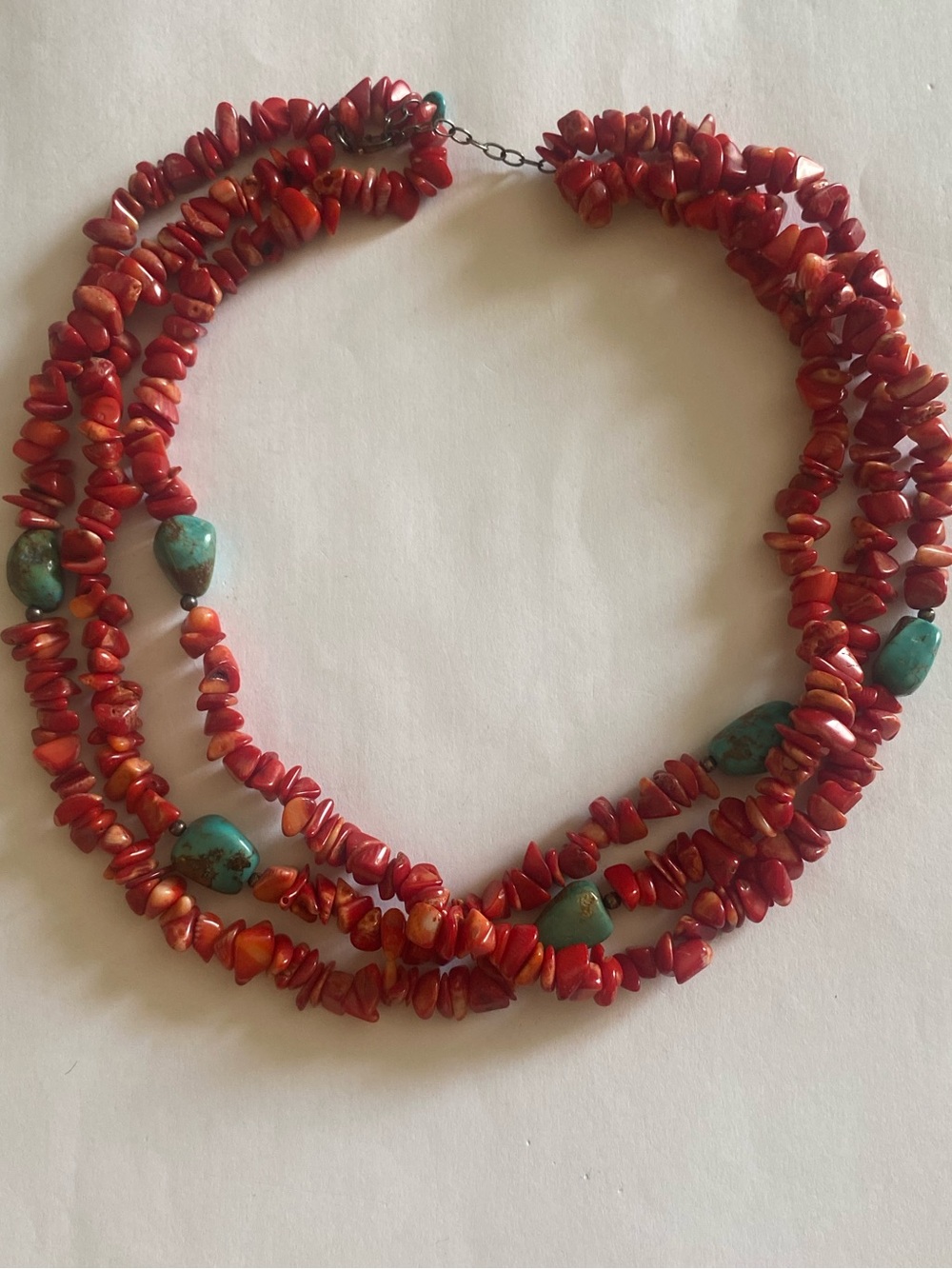 Vintage Southwest-style Multi-Strand Red Coral & Turquoise Chip Stone Necklace